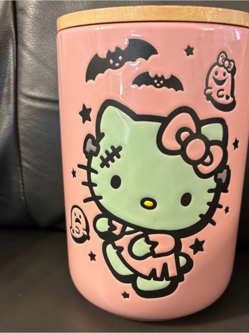 Hello Kitty Pink and Mint Green Halloween Ceramic Jar with Bamboo Lid